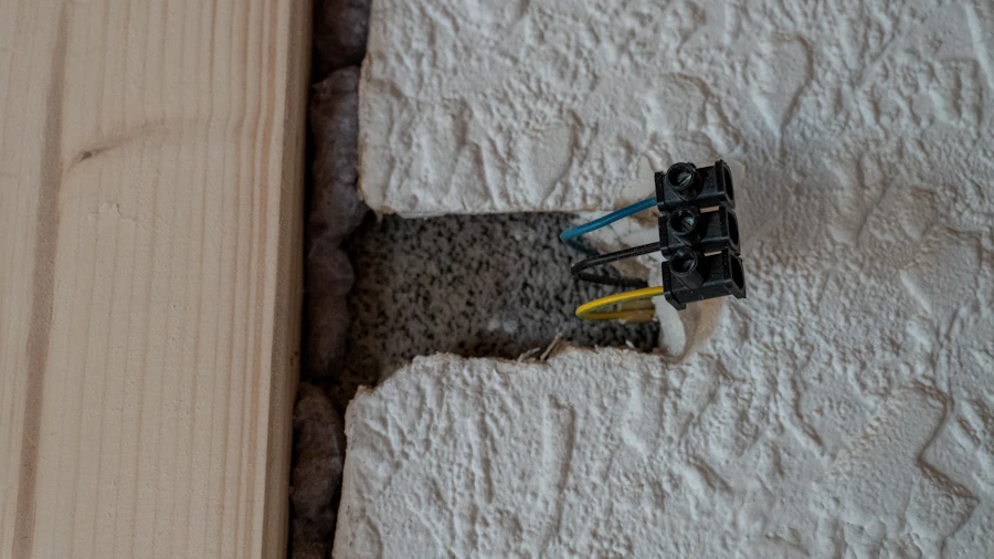 Odkryté elektrické vodiče v omítnuté stěně
